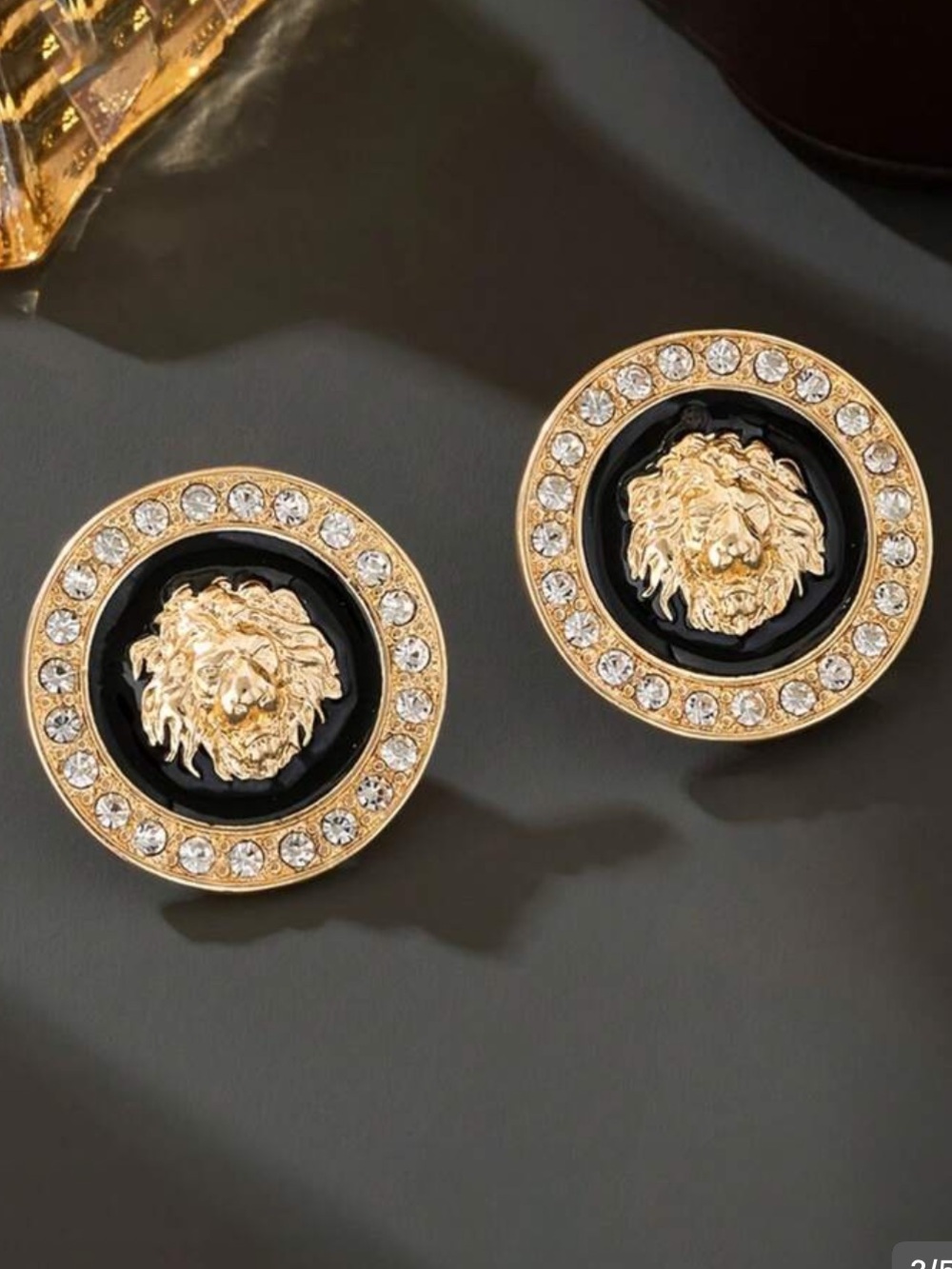 Gold and Black Lion Medallion Stud Earrings - Women Jewelry